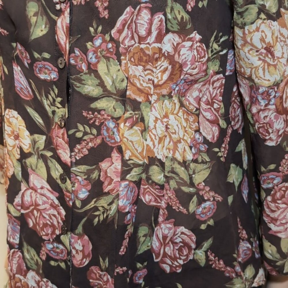 CAbi Pure Silk Top Floral Pintucked Velvet Buttoned Shirt Brown Womens Medium - Picture 5 of 14